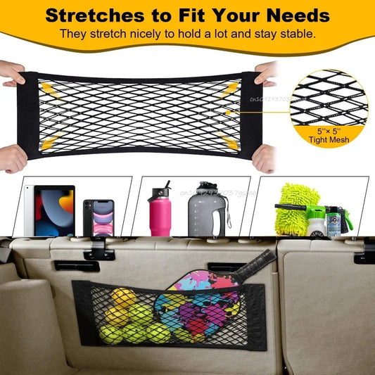 Car Storage Net Stretchable Mesh Pocket Net Magic Elastic Sticker Universal Rear Mesh Trunk Seat Bag Pocket Cage Auto Organizer