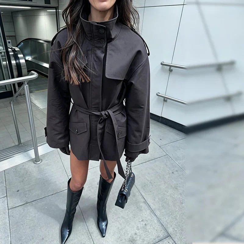 Solid Women's Trench Jacket Commute Stand Collar Long Sleeve Windbreaker With Lace Up Pocket 2026 New Autumn Street Lady Jackets