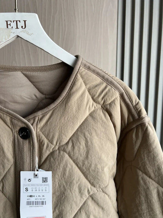 ETJ 2025 Spring new women's vintage crewneck quilted cotton-padded loose version of quilted casual jacket