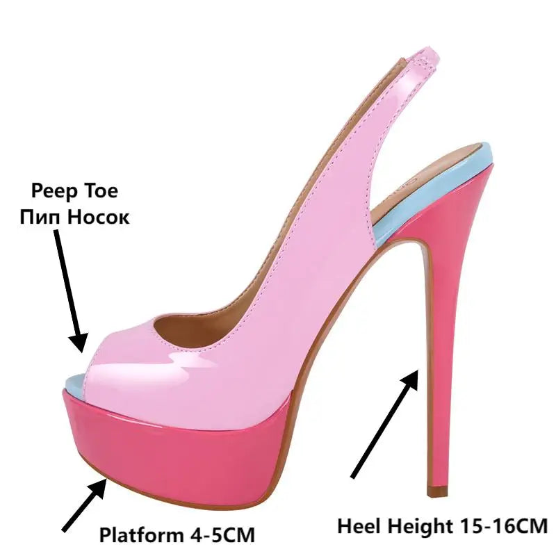 Onlymaker Pink Patent Leather Peep Toe Platform Stilettos Sandals Thin Heel Sexy Buckle Strap Party Slingback Sandals