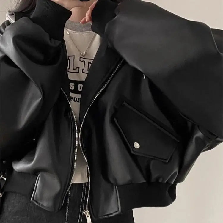 Korean High-end Black PU Leather Jacket Women Fashion Hooded Loose Spring Autumn Zipper Fake Two-Piece Versatile Outerwear