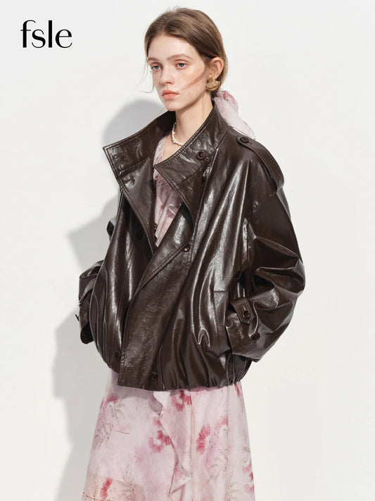 FSLEćPremium SeriesćWomen's Oversize Short Trench Coat Brown Faux Leather Belted Jacket Grey Windbreaker Y2K Retro Outerwear