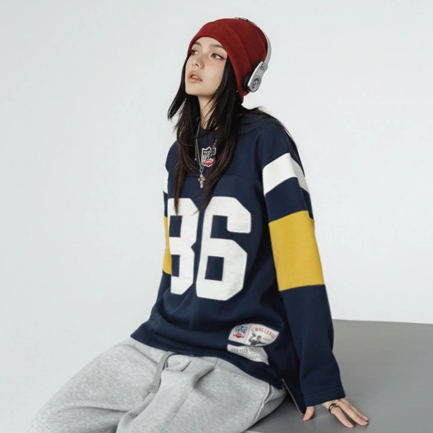 Maden Women’s Retro Embroidered Rugby Pullover Sweatshirt Mid-length Baggy Thick Outerwear Cozy Spring Fall Female Top