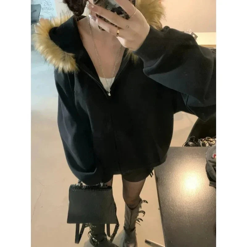 Korean Fashion Sweatshirts Harajuku Gothic Printed Coats Jackets Subculture Vintage Faux Fur Hooded Women Casual Y2k Clothing