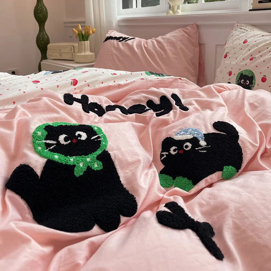 Cute Cat Bedding Set For adults kids Brown pink Lovely Bed Sheet set With Pillowcases Colorful King Queen Full size