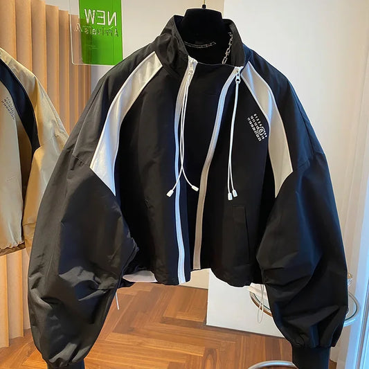 Design niche loose casual stand up collar trench coat, women's spring and autumn short jacket double zipper