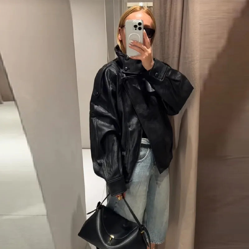 Women's Autumn Fashion Standing Collar Leather Jackets Windproof Loose Fold Coats Vintage Style High Street Outdoors Clothes