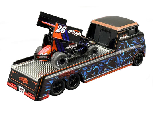 "World Of Outlaws 2026" Winged Sprint Car #26 Black with Stripes and Custom Hauler Black with Graphics 1/64 Diecast Model Cars by ACME