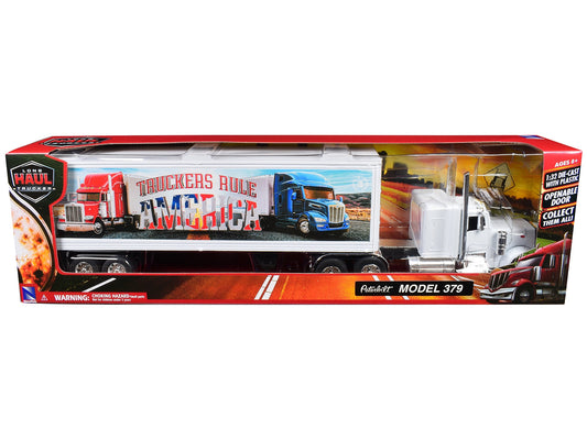 Peterbilt 379 Truck White with Dry Van Trailer "Truckers Rule America" "Long Haul Truckers" Series 1/32 Diecast Model by New Ray