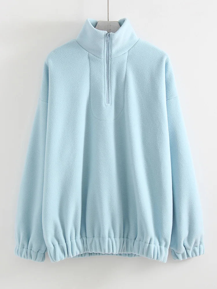 Women Velvet Sweatshirts With Half Zipper Long Sleeve Pink Warm Pullover Female Loose Yellow Sweatshirts For Women Zip Blue Tops