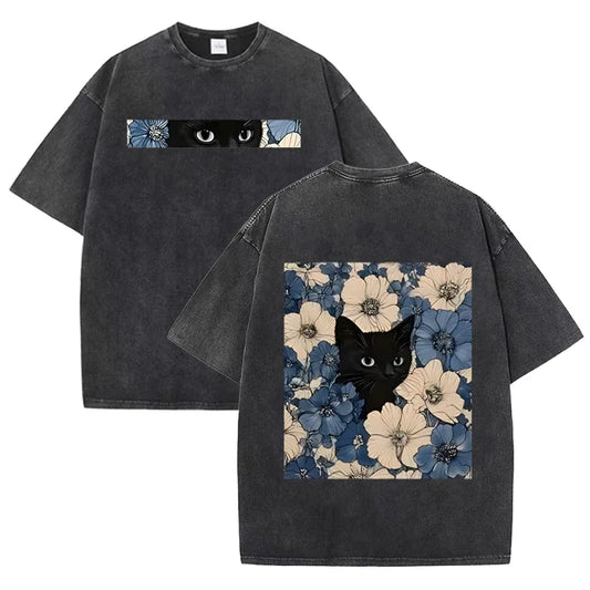 Vintage Washed Black Cat Floral T Shirt Double Sided Print Streetwear Casual Tee