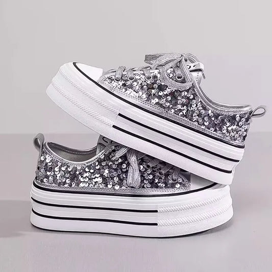 Woman Platform Sneakers Wedge Shoes Female Spring Autumn Sequins Bling Casual Shoes Ladies Thick-soled Canvas Shoes
