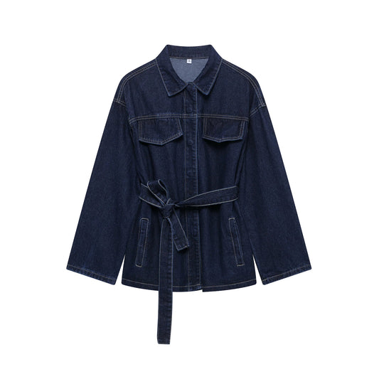 DUOPERI Women Fashion 2 Pieces Sets With Belt Denim Jackets & Vintage Front Zipper Jeans Trousers Feamle Chic Lady Pants Sets