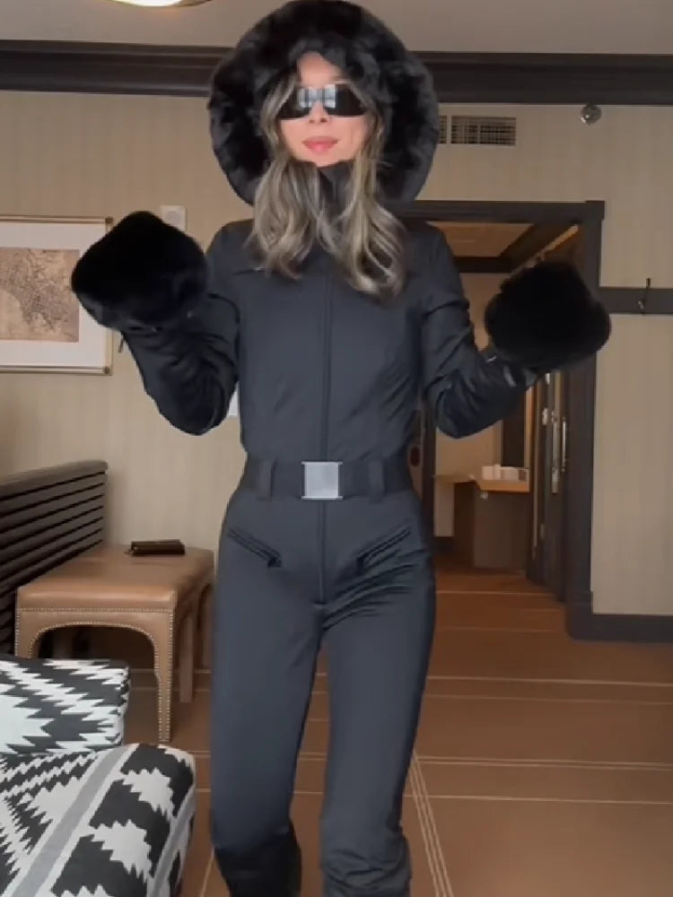 Camouflage Stripes Ski Wear Jumpsuit Sets High Collar Windproof Hooded Puff Jacket Warm Pant 2026 New Lady Snow Sportwears