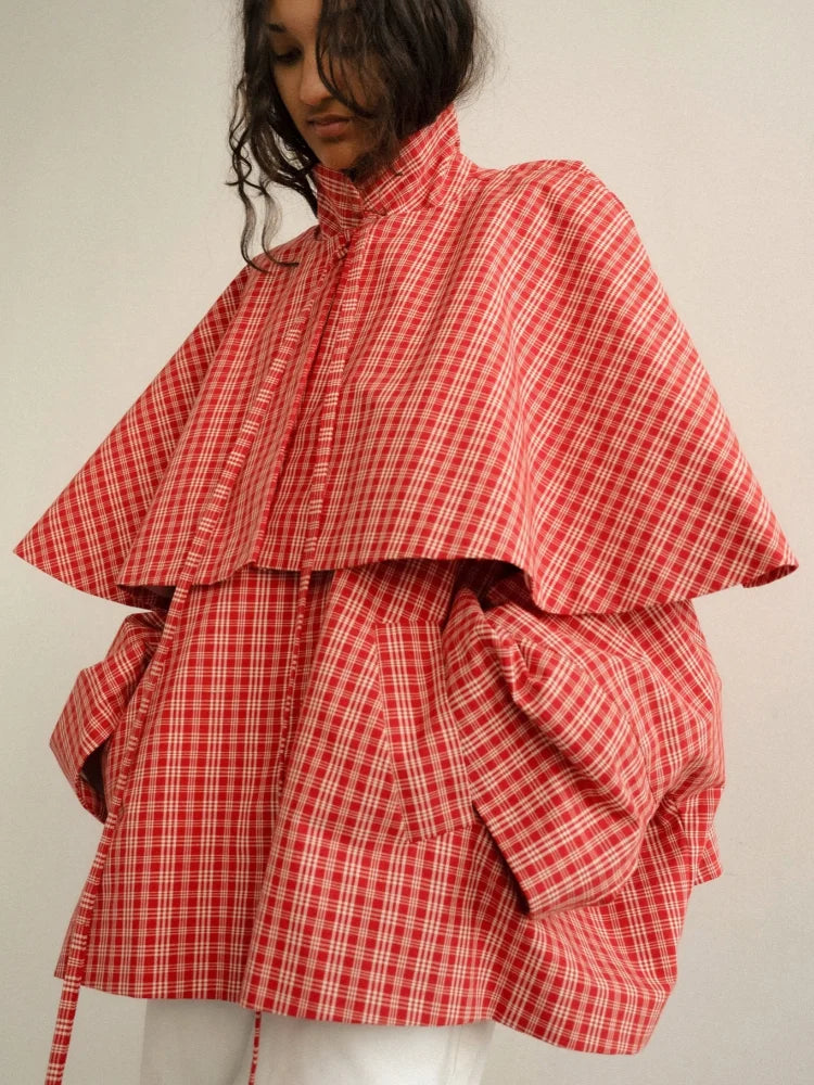 Women casual Checkered Windbreaker Long Sleeved Single Breasted Stand Up Collar Lady Coats 2026 Spring Daily Commuting Jackets
