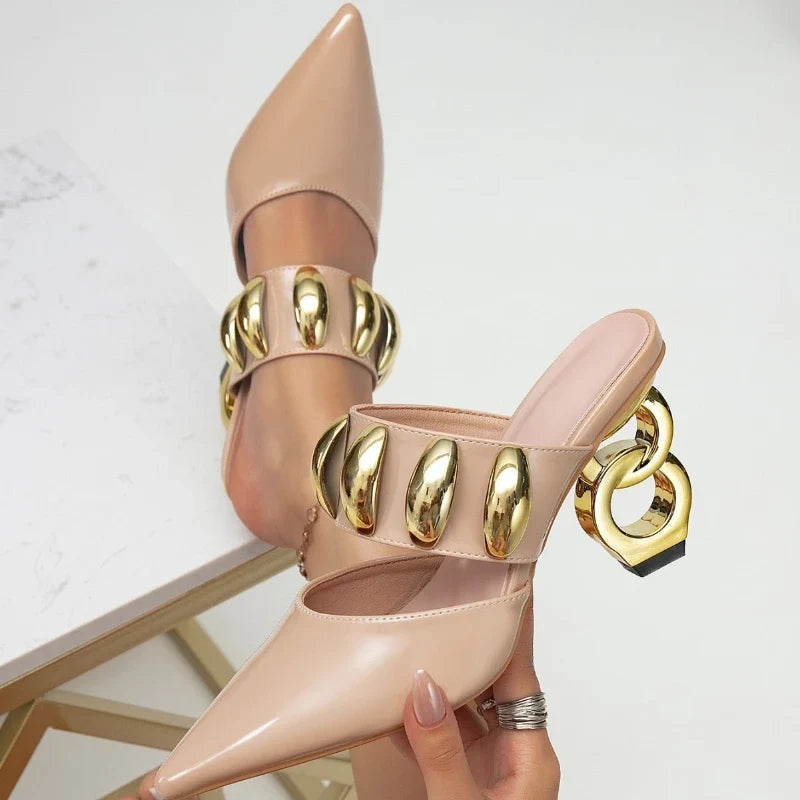 35-43 Half Shoes Women Sandals Black spike Heels for Ladies Luxury Heels Woman Mules Golden Heels Tacones Sandalias De Mujer