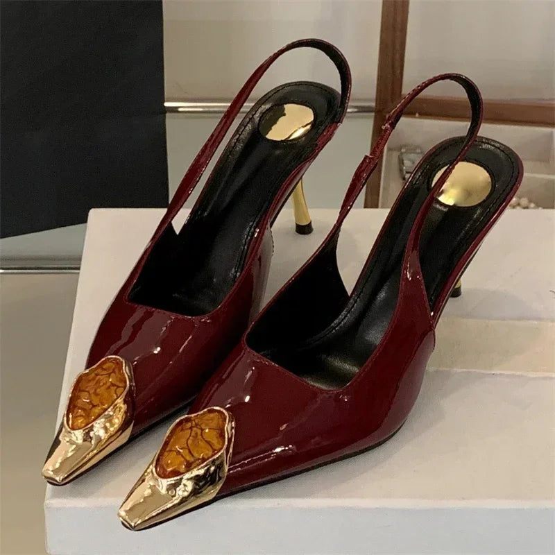 Aneikeh Street Style Design Metal Square Head Diamonds Woman Pumps Sandals Elegant Sexy Low-heel Banquet Prom Slingbacks Shoes