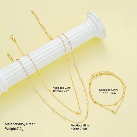 Fashion Imitation Pearl Heart Jewelry Set For Women Gold Silver Color Round Beads Necklace Bracelet Set Daily Wear Accessories