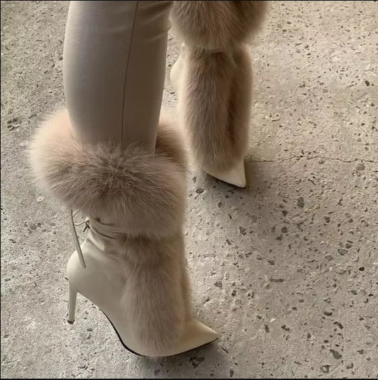 Pointed Toe Fur Mid Calf Boots Stiletto Heels Ankle Straps Fashion Warm Shoes In Winter Solid Plush Sexy Party Dress Shoes