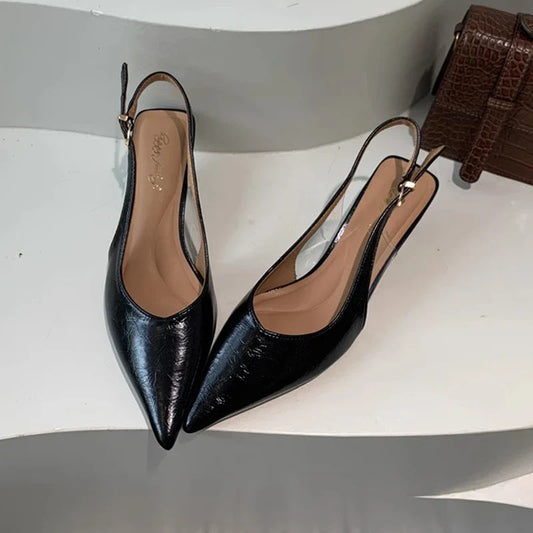 SUOJIALUN Summer New Women Sandal Fashion Pointed Toe Shallow Slip On Ladies Elegant Slingback Shoes Thin Med Heel Dress Mules