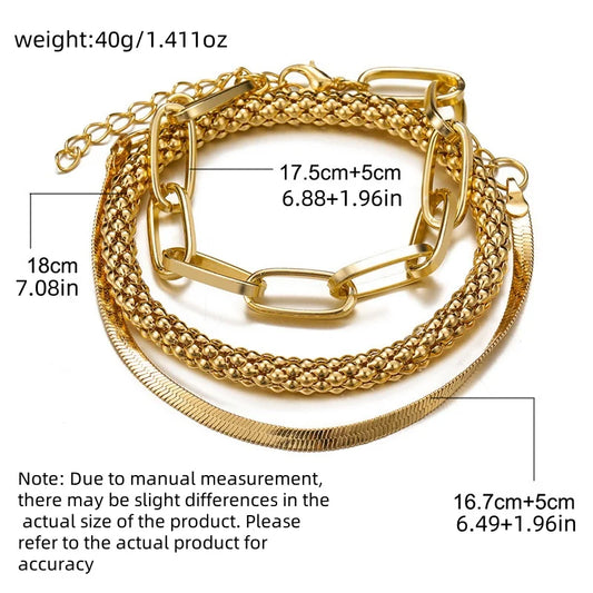 3Pcs/Set Snake Bone Popcorn Chain Bracelet For Women Gold Silver Color Multi-layer Alloy Bracelet Vintage Jewelry Party Gifts