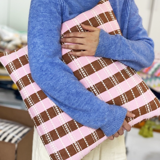 Santiago Grid Pillow - Baby Pink & Umber - 18"x18"