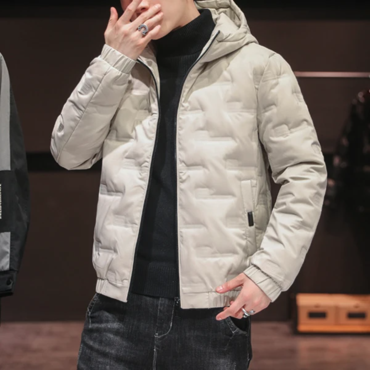 Mens Hooded Zipper Puffer Jacket