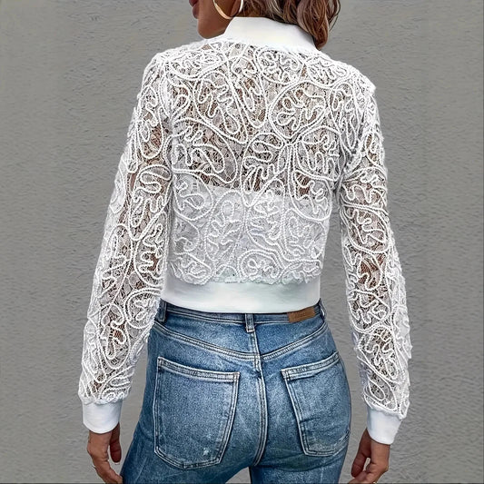 European and American style white lace zipper short coat fashionable hollow slim cardigan top, new in spring and autumn
