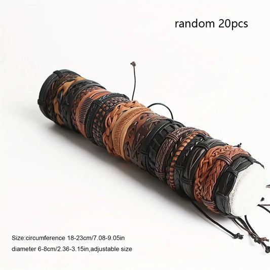 20Pcs Braided Leather Bracelets for Men Women Wrap Wood Beads Cuff Bracelet Hemp Cords Ethnic Tribal Handmade Wrap Wristband Bra