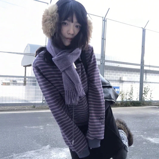 Karrram Japanese Y2k Purple Striped Cardigan 2000s Style Turtleneck Knitted Jacket Vintage Harajuku Zipper Knitwear Korean 90s