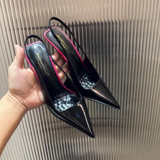 New Patent Leather Pointed Back Hollow Thin Heel Women's Sandals High Heels Thin Heel Sexy Back Hollow Temperament Single Shoe