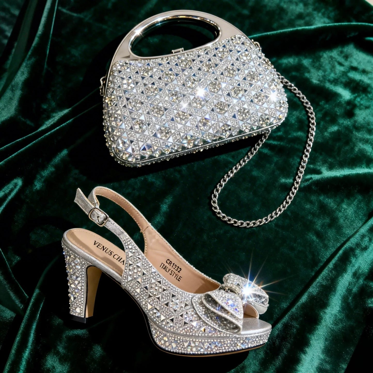 Elegant Italian Women’s Fuchsia Rhinestone Peep-Toe High Heel Sandals and Matching Bag Set – Perfect for Weddings and Parties