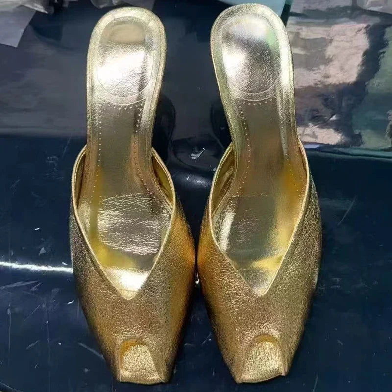 Luxury Designer Gold Heeled Slippers Women Sexy Open Toe Elegant Slide Sandals for Ladies Wedding Bridal Pumps Zapatos De Mujer
