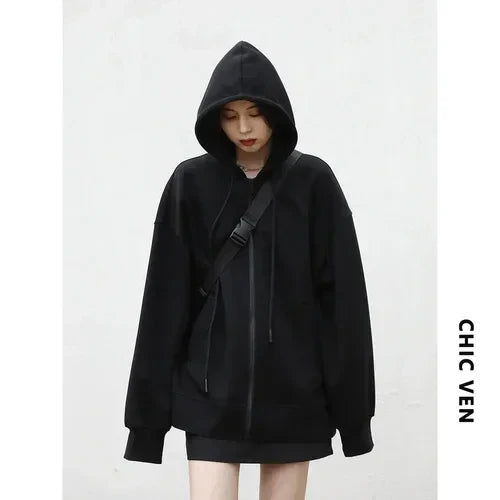 CHIC VEN Women Sweatshirts Hoodies Solid Loose Casual Hooded Female Tops Lady Coat Medium Length Overcoat Spring Autumn 2025