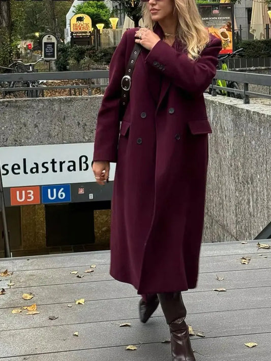 HH Women Fashion Burgundy Coat Double Breasted Long Sleeve Lapel Blends Jacket Autumn Winter High Street Outerwear