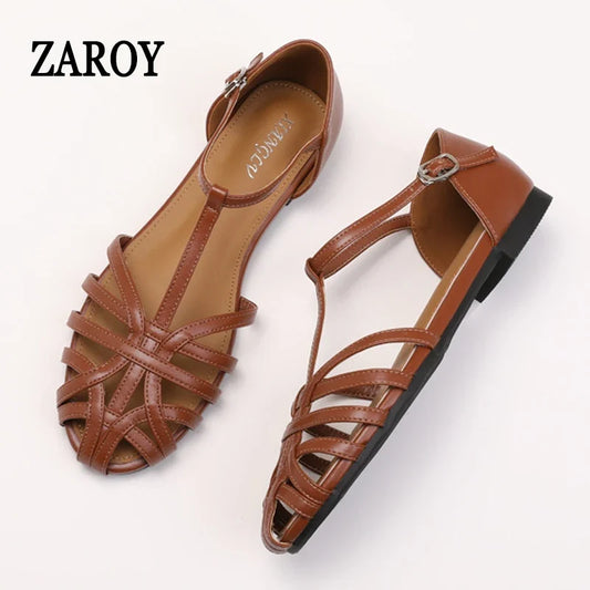 ZAROY Women's Sandals Summer Casual Footwear T-tied Cross Strap Flat Sandals Weave Hollow Roman Sandalia Zapatos ŃŠ°Š½Š“али