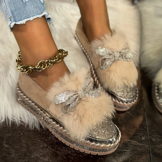 Trend Women Sneakers Furry Crystal Bow Women Casual Shoes Flat Platform Loafers Short Plush Warm Autumn Winter Sneakers Woman