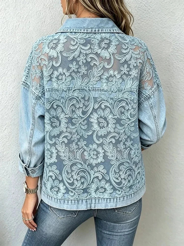 2026 New Women Lace Spliced Denim Jacket Loose Casual Lapel Long Sleeve Single Breasted Short Coat Fashion Streetwear Outerwear