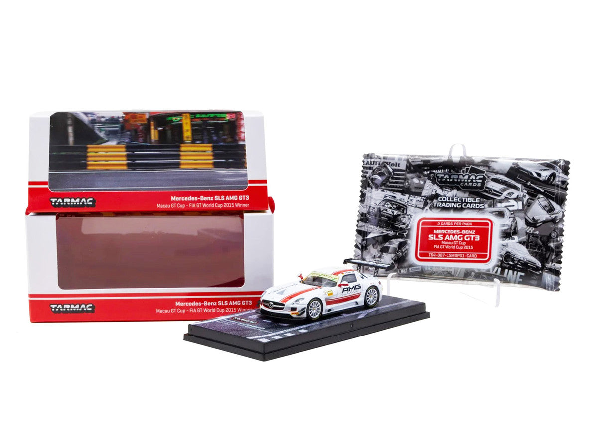 Mercedes-Benz SLS AMG GT3 #1 Maro Engel Winner "Macau GT Cup - FIA GT World Cup" (2015) with Tarmac Cards "Hobby64" Series 1/64 Diecast Model Car by Tarmac Works