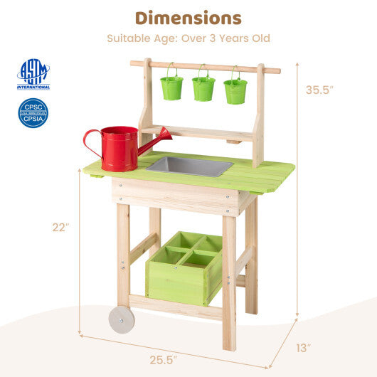 Kids Mud Kitchen with Removable Pots Watering Can Planting Trough and Storage Box-Natrual