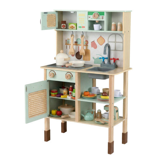 Wooden Play Kitchen for Kids with Lights and Sounds Retro Style With Accessories-Green