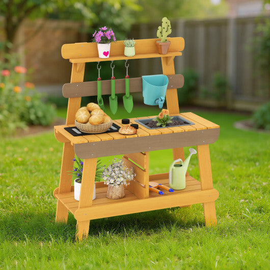 Outdoor Mud Kitchen for Kids Wooden Play Kitchen Toy for Boys Girls Aged 3-8-Yellow