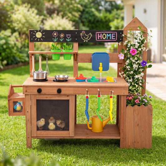 Outdoor Wooden Mud Kitchen with Planter Box and Sink for Toddlers-Natural