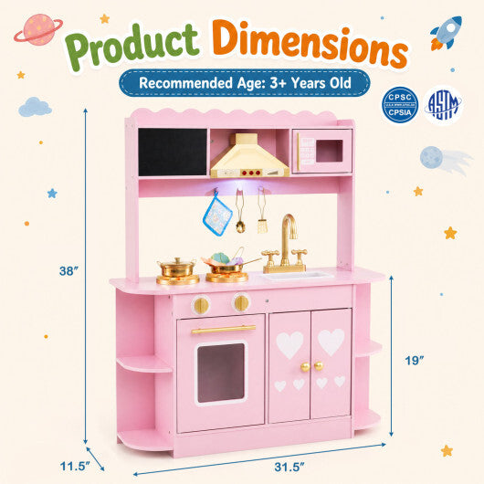 Wooden Play Kitchen with Lights & Sounds and Stove Oven for Toddlers Ages 3+-Pink