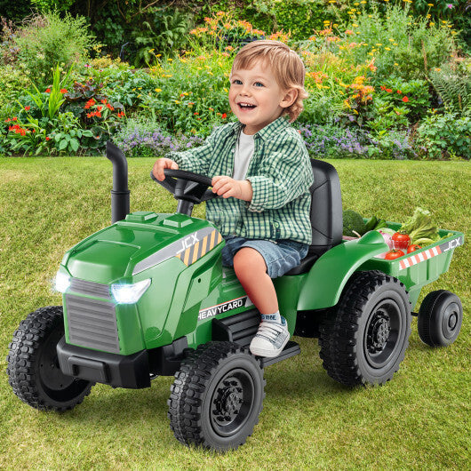 12V 2-in-1 Kids Ride On Tractor with Trailer and 3-Gear Shift-Grayish Green