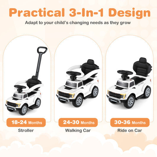 3-In-1 Licensed Ford Push Car for Toddlers-White - Color: White