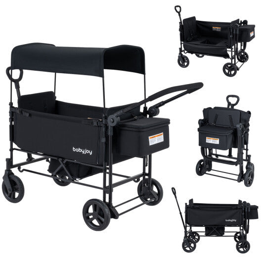 Foldable Wagon Stroller for 2 Kids with Removable Canopy and Adjustable Push Handle-Gray