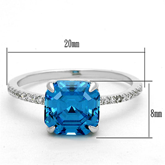 TS178 - Rhodium 925 Sterling Silver Ring with Cubic in Sea Blue