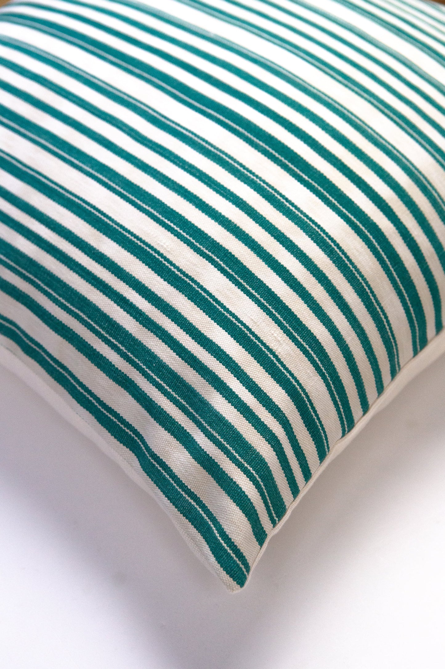Vintage Jade Green and Natural Ivory Striped Pillow