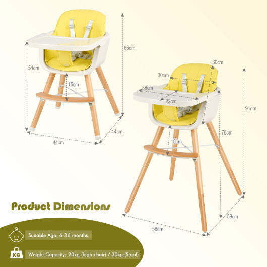 Babyjoy 3 in 1 Convertible Wooden High Chair Toddler Feeding Chair with Cushion Yellow